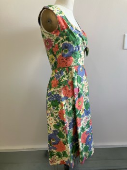 N/L, Green/ Multi-color, Floral Print, Squared Neck, Sleeveless, Ruched Bust With Side Bow, Back Zip