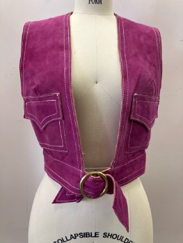 Womens, 1960s Vintage, Piece 1, N/L, W: 22, B: 32, Purple, Solid, Suede, White Stitching, Vest, Gold Buckle, 2 Pockets