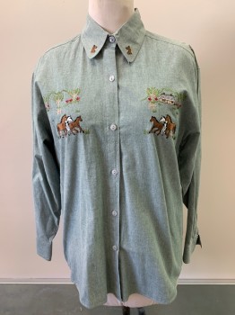 ESTELLE, Green, White, Cotton, Oxford Weave, Equine- Horses, L/S, Button Front, Horse And Farm Scene Embroidery