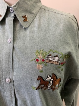 Womens, Top, ESTELLE, Green, White, Cotton, Oxford Weave, Equine- Horses, L, B:44, L/S, Button Front, Horse And Farm Scene Embroidery