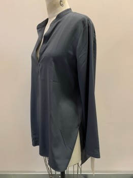ANN TAYLOR, Dk Gray, Polyester, Solid, L/S, Collar Band, V Neck, Buttons On Cuffs