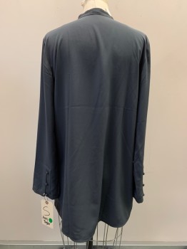 ANN TAYLOR, Dk Gray, Polyester, Solid, L/S, Collar Band, V Neck, Buttons On Cuffs