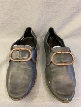 Mens, Historical Fiction Shoes , N/L MTO, Black, Leather, Slip On, Bronze Oval Buckle, Lightly Aged, Made To Order, Pilgrim