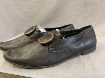 Mens, Historical Fiction Shoes , N/L MTO, Black, Leather, Slip On, Bronze Oval Buckle, Lightly Aged, Made To Order, Pilgrim
