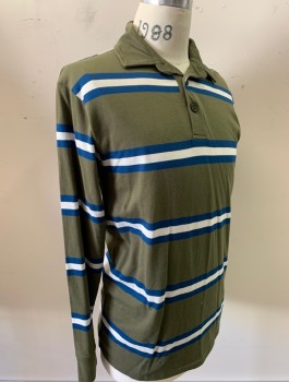 RSQ, Olive Green, Navy Blue, White, Cotton, Stripes - Horizontal , Jersey, L/S, Rugby Shirt, 3 Button Placket, Collar Attached