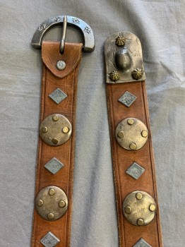 Unisex, Historical Fiction Belt, N/L, Tan Brown, Brass Metallic, Pewter Gray, Leather, Metallic/Metal, 30-43, Silver Diamonds In between Circles Rivetted On,