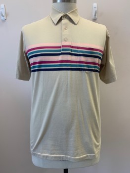 Mens, Polo Shirt, LODON FOG, Beige, Navy Blue, Pink, Magenta Pink, Teal Blue, Cotton, Polyester, Stripes - Horizontal , C: 44, S/S, C.A., 3 Buttons, Chest Patch Pocket