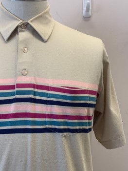 Mens, Polo Shirt, LODON FOG, Beige, Navy Blue, Pink, Magenta Pink, Teal Blue, Cotton, Polyester, Stripes - Horizontal , C: 44, S/S, C.A., 3 Buttons, Chest Patch Pocket