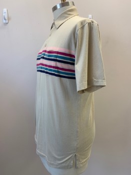 LODON FOG, Beige, Navy Blue, Pink, Magenta Pink, Teal Blue, Cotton, Polyester, Stripes - Horizontal , S/S, C.A., 3 Buttons, Chest Patch Pocket