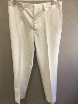Mens, Suit, Pants, TOPMAN, Oatmeal Brown, Gray, Polyester, Rayon, Heathered, 34/27, Flat Front, Zip Fly, 4 Pockets, Slim Leg **Small Stain at Waist Center Front at Fly