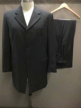 Mens, Suit, Jacket, ADOLFO TRABALDO, Charcoal Gray, Gold, Wool, Stripes, 38x35, 48 XL, Single Breasted, Long Coat, 3 Buttons,  Collar Attached, Notched Lapel, 3 Pockets