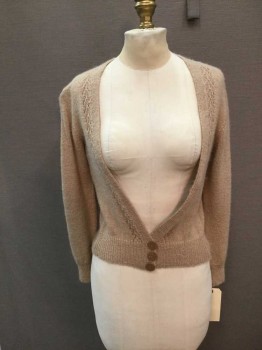 Womens, Sweater, 20th Century Fox, Camel Brown, Wool, Solid, S, Open Knit Panels Along Placket, Long Sleeves, Mostly Open Front, 3 Buttons At Waist, Cardigan