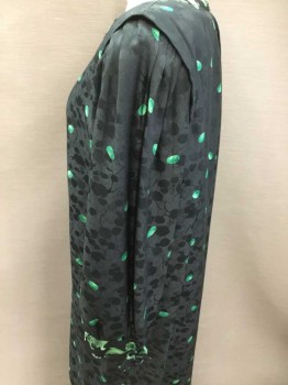 BARON PETERS, Black, Green, Silk, Polyester, Floral, Polka Dots, Silk Floral Jacquard, 7 Buttons Center Front, Pleated 3/4 Sleeves, Tie At Sleeve Cuff, No Collar,