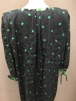 BARON PETERS, Black, Green, Silk, Polyester, Floral, Polka Dots, Silk Floral Jacquard, 7 Buttons Center Front, Pleated 3/4 Sleeves, Tie At Sleeve Cuff, No Collar,
