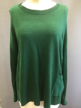 Womens, Pullover, EILEEN FISHER, Forest Green, Tencel, Wool, Solid, M, Crew Neck, Ribbed Neck Line and Waistband, Left Front Bottom Pocket