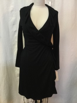 Womens, Dress, Long & 3/4 Sleeve, MILLY, Black, Wool, Synthetic, Solid, L, Black, Wrap Style, Long Sleeves, Ruffle Trim