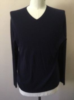 Mens, Pullover Sweater, NEIMAN MARCUS, Navy Blue, Cashmere, Solid, L, V-N, L/S, Moth Holes