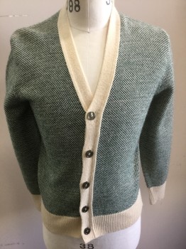 MC GREGOR, Forest Green, Cream, Acrylic, Speckled, Cardigan, Forest Green and Cream Dotted/Specked Knit, Solid Cream Detail at Neck/Button Placket, Cuffs & Hem, Long Sleeves, V-neck, 5 Buttons,