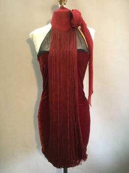 Womens, Cocktail Dress, JEAN PAUL GAULTIER, Red, Black, Silk, Rayon, 8, Hem Above Knee,  Sleeveless, Fringe, Chiffon Neck Tie, Invisible Side Zipper and Clasp, Stretch Velvet