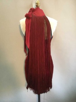 Womens, Cocktail Dress, JEAN PAUL GAULTIER, Red, Black, Silk, Rayon, 8, Hem Above Knee,  Sleeveless, Fringe, Chiffon Neck Tie, Invisible Side Zipper and Clasp, Stretch Velvet