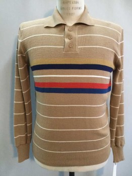 Mens, Sweater, ANDRIANO, Tan Brown, Cream, Navy Blue, Red, Acrylic, Stripes, Large, Long Sleeves, 3 Button Placket, Small Loop and Button At Neck, Collar