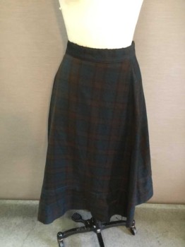 N/L, Brown, Teal Green, Black, Wool, Plaid, 1.5" Wide Waistband, 2 Tucks At Hem, Hook&Eye Closures At Center Back Waist, Hem Is Mid Calf Length, Possibly For Teen Or Girl? Made To Order  **Worn At Waistband,