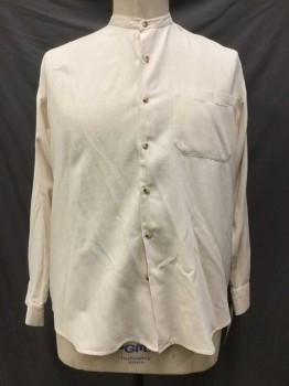 CLASSIC ATLAS, Beige, Silk, Solid, Button Front, Collar Band, Long Sleeves, 1 Pocket, 1990s