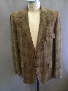 Mens, Blazer/Sport Co, Focus, Brown, Cream, Olive Green, Orange, Wool, Plaid, Tweed, 44R, Single Breasted, Collar Attached, Notched Lapel, 3 Pockets, 2 Buttons