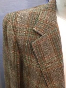 Mens, Blazer/Sport Co, Focus, Brown, Cream, Olive Green, Orange, Wool, Plaid, Tweed, 44R, Single Breasted, Collar Attached, Notched Lapel, 3 Pockets, 2 Buttons