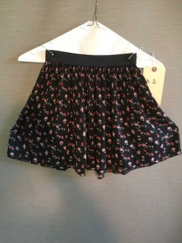 Womens, Skirt, Mini, H & M, Black, Red, Cream, Pink, Green, Polyester, Floral, 2, Black W/red,cream,pink, Green, Light Brown Floral Print, 1" Elastic Waistband, Small Fan Pleats, See Photo Attached,