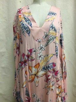 Womens, Dress, Long & 3/4 Sleeve, TYSA, Lt Pink, Multi-color, Synthetic, Floral, S, V-neck, Flared Sleeves, Side Slits, Maxi Dress