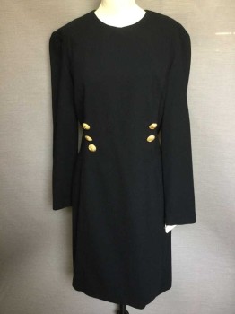 BLOOMINGDALES, Black, Wool, Solid, L/S, Round Neck,  5 Gold Buttons (missing The 6th), Knee Length