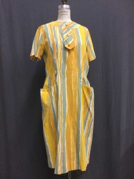 FOX 61, Yellow, Cream, Sage Green, Poly/Cotton, Stripes, Summer Dress, Short Sleeves, Crew Neck, 3 Button Placet Center Front, 2 Pockets At Front