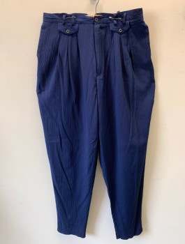 INDEX INTERNATIONAL, Navy Blue, Rayon, Polyester, Solid, Crinkled Gauze, Triple Pleated, Full Legs Tapered at Hem, Zip Fly, Double Belt Loops, 3 Flap Faux Pockets at Waist,