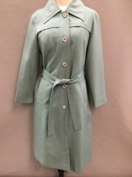 Womens, Trench Coat, N/L, Sage Green, Polyester, Solid, B:36, Single Breasted, Tan Buttons, Collar Attached, 2 Pockets, Belt Loops, **W/Matching Belt,
