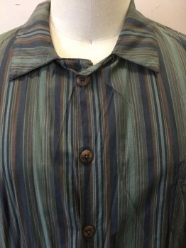 Mens, 1930s Vintage, Pajama Top, P1, MTO, Green, Navy Blue, Brown, Olive Green, Cotton, Stripes - Vertical , C:50, 2 XL, Collar Attached, Button Front, 1 Pocket, Long Sleeves, Multiples, See FC1051815, FC015816