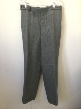 Mens, 1930s Vintage, Suit, Pants, MARK COSTELLO, Gray, Rust Orange, Wool, Stripes - Pin, Ins:30, W:33, Flat Front, Button Fly, Tab Waist, Wide Leg That Tapers at Hem, Cuffed Hems, Made To Order Reproduction