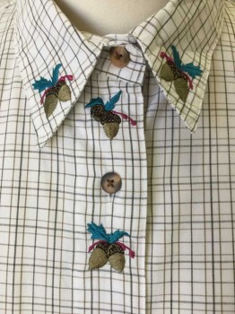 Womens, Blouse, PORTRAITS, Off White, Brown, Black, Polyester, Cotton, Plaid, 44 B, Button Front, Long Sleeves, Collar Attached, with Brown Fuscha & Teal Embroidered Acorn Detail,