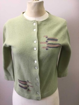 Womens, Sweater, N/L, Avocado Green, Lt Brown, Charcoal Gray, Wool, Abstract , 6, Button Front, Round Neck, Cardi, 3/4 Sleeves,