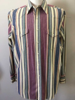 Mens, Western, WRANGLER, Red Burgundy, Cream, Navy Blue, Green, Brown, Cotton, Stripes, 35, 17.5, Snap Front, Collar Attached, Long Sleeves, 2 Pockets,