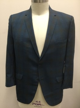 Mens, Blazer/Sport Co, DUVAL & REID, Navy Blue, Brown, Wool, Plaid-  Windowpane, 42R, Light/Summer Weight Wool, Single Breasted, Thin Notched Lapel, 2 Buttons,  3 Pockets, Black Lining,