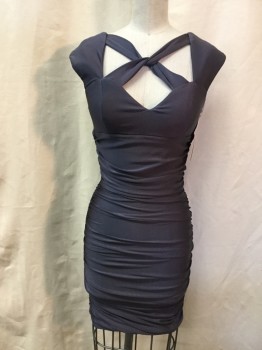 ATRIA CLOTHING, Steel Blue, Spandex, Lycra, Solid, Body Contour, Cap Sleeves, Rouched Sides, Back Zipper, Cross Straps and Sweetheart Neckline