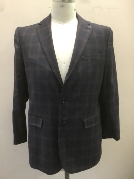 Mens, Sportcoat/Blazer, TED BAKER, Navy Blue, Gray, Red Burgundy, Wool, Plaid, 42R, Single Breasted, Collar Attached, Notched Lapel, Hand Picked Collar/Lapel, 3 Pockets, 2 Buttons,  Backyard with Lawnmower Silk Lining