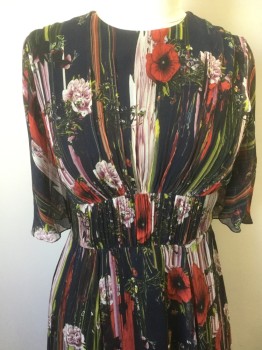 JASON WU, Navy Blue, Red, Lavender Purple, Yellow, Green, Silk, Floral, Abstract , Wu Boy What a Dress!  Soft Silk Chiffon Gauze, Crew Neck, Sleeveless, with Attached Capelet, Gathered Cummerbund Insert at Waist, Flouncy Skirt to Knee, Zip Back, Fully Lined,