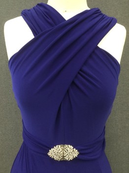 Womens, Evening Gown, LAUREN, Royal Blue, Polyester, Elastane, Solid, 6, Crossover Top, Sleeveless, Gored Skirt, Floor Length, Self Attached Gathered Waistband, Silver/Rhinestone Front Clasp