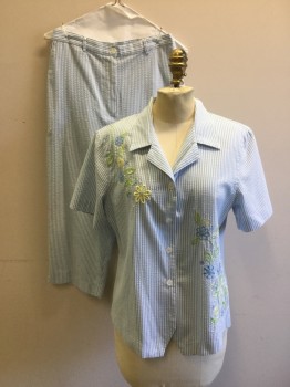 Womens, 1990s Vintage, Piece 1, ALFRED DUNNER, Lt Blue, White, Poly/Cotton, Stripes, Floral, 10, Shirt- Searsucker with Lemon Green & Blue Floral Embroidery Detail at Front, Open Collar, Short Sleeves, Button Front,