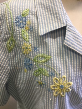 Womens, 1990s Vintage, Piece 1, ALFRED DUNNER, Lt Blue, White, Poly/Cotton, Stripes, Floral, 10, Shirt- Searsucker with Lemon Green & Blue Floral Embroidery Detail at Front, Open Collar, Short Sleeves, Button Front,