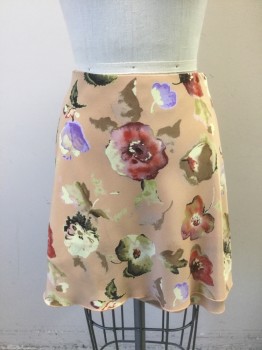 NECESSARY OBJECTS, Peach Orange, Cream, Red Burgundy, Lavender Purple, Sage Green, Polyester, Polyester, Floral, Crepe, Mini Skirt, Invisible Zipper at Side,