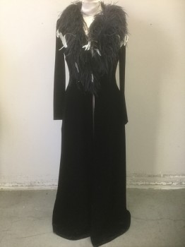 COLLECTIONS, Black, Cotton, Feathers, Solid, Stretch Velvet, Oversized Ostrich Feather Collar, 1 Button and Loop Closure in Front, Floor Length