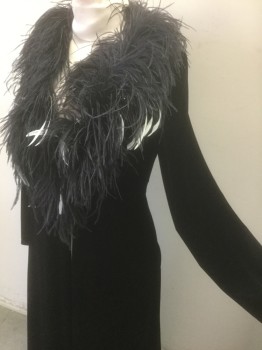 COLLECTIONS, Black, Cotton, Feathers, Solid, Stretch Velvet, Oversized Ostrich Feather Collar, 1 Button and Loop Closure in Front, Floor Length